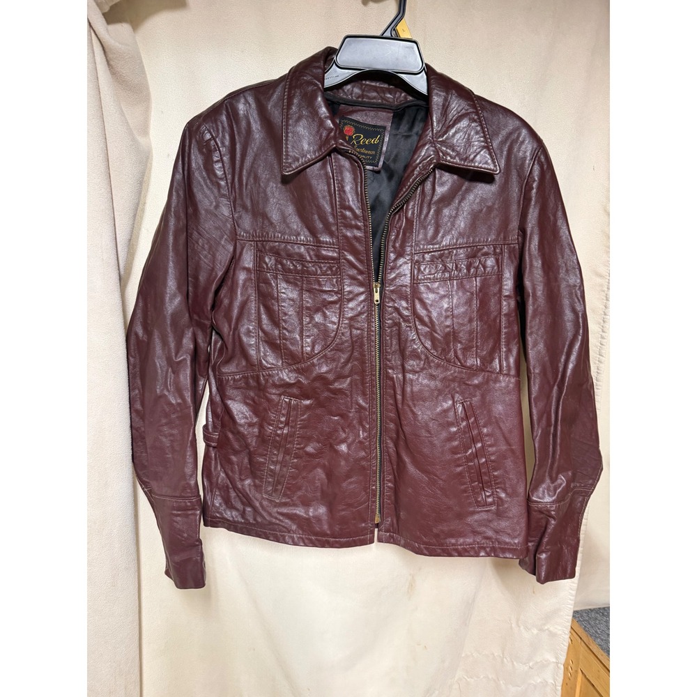 Reed Sportswear Vintage Leather Jacket Burgundy Oxblood Zip Up 70s Style Mens